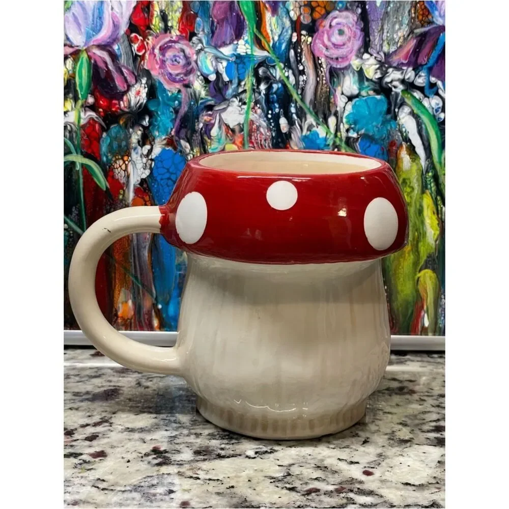 Market Square Mushroom Shaped Red Polka Dot Ceramic Mug Glittery Flower Candle